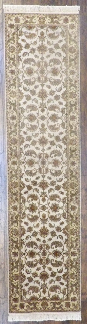 Fine Persian Kashan tie-dye hand-knotted wool runner in gold and ivory, full view