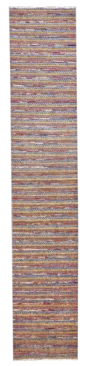 Modern tribal carved stripe hand-knotted wool runner in gold, rust, and teal, full view