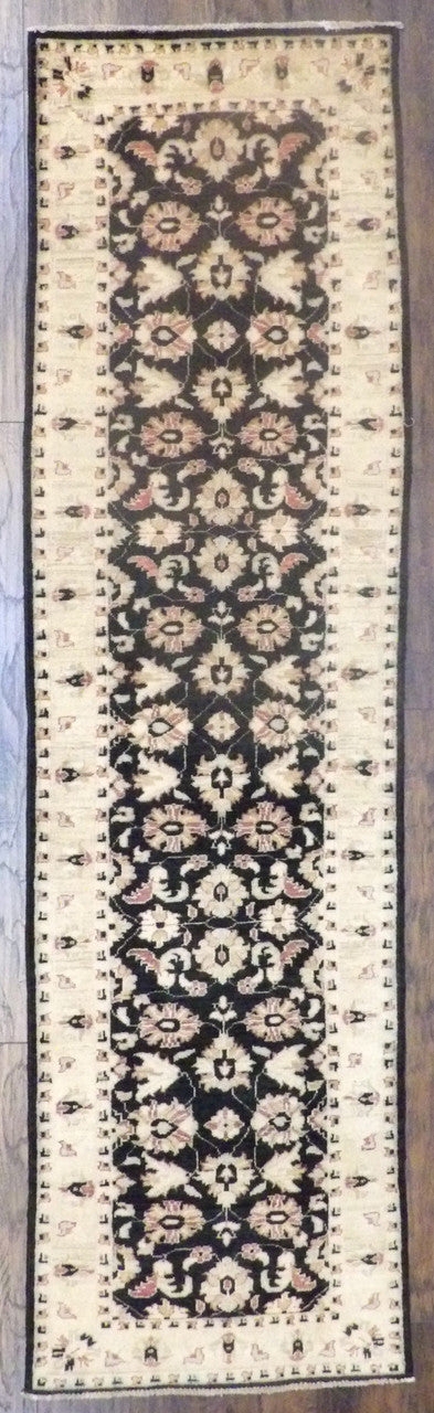 Oushak Chobi Natural Dye hand-knotted wool rug in Black & Gold, full view