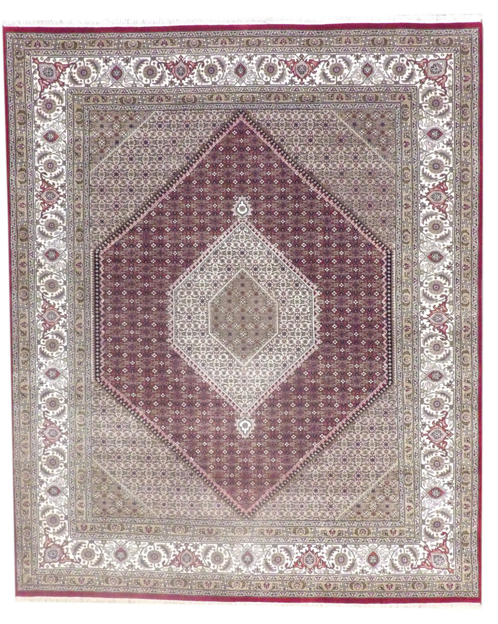 Fine Persian Bidjar Mir hand-knotted wool-silk rug in Beige & Red, full view