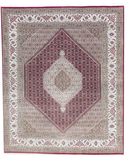 Fine Persian Bidjar Mir hand-knotted wool-silk rug in Beige & Red, full view