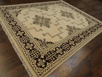 Brown and ivory Oushak Kazak rug in a living room setting