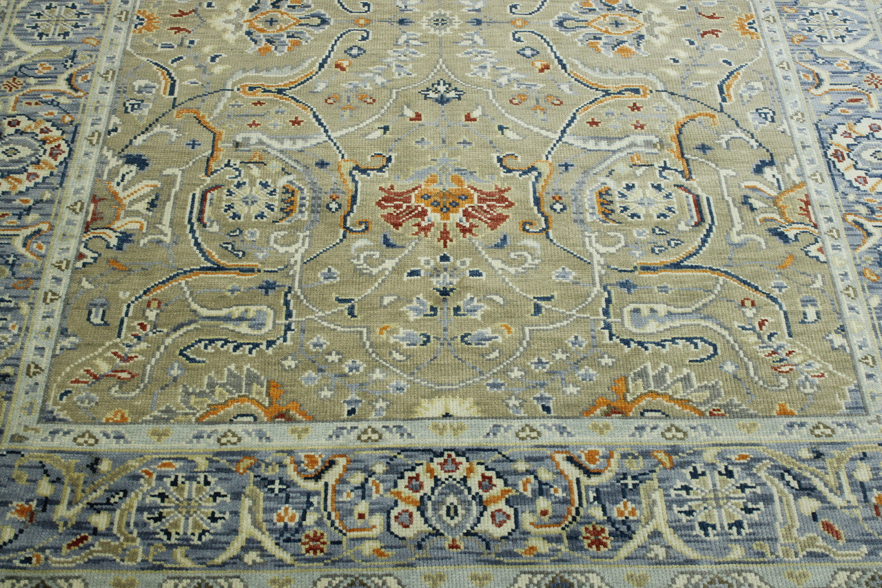 Oushak Colorful Ziegler hand-knotted wool rug in Blue & Beige, full view