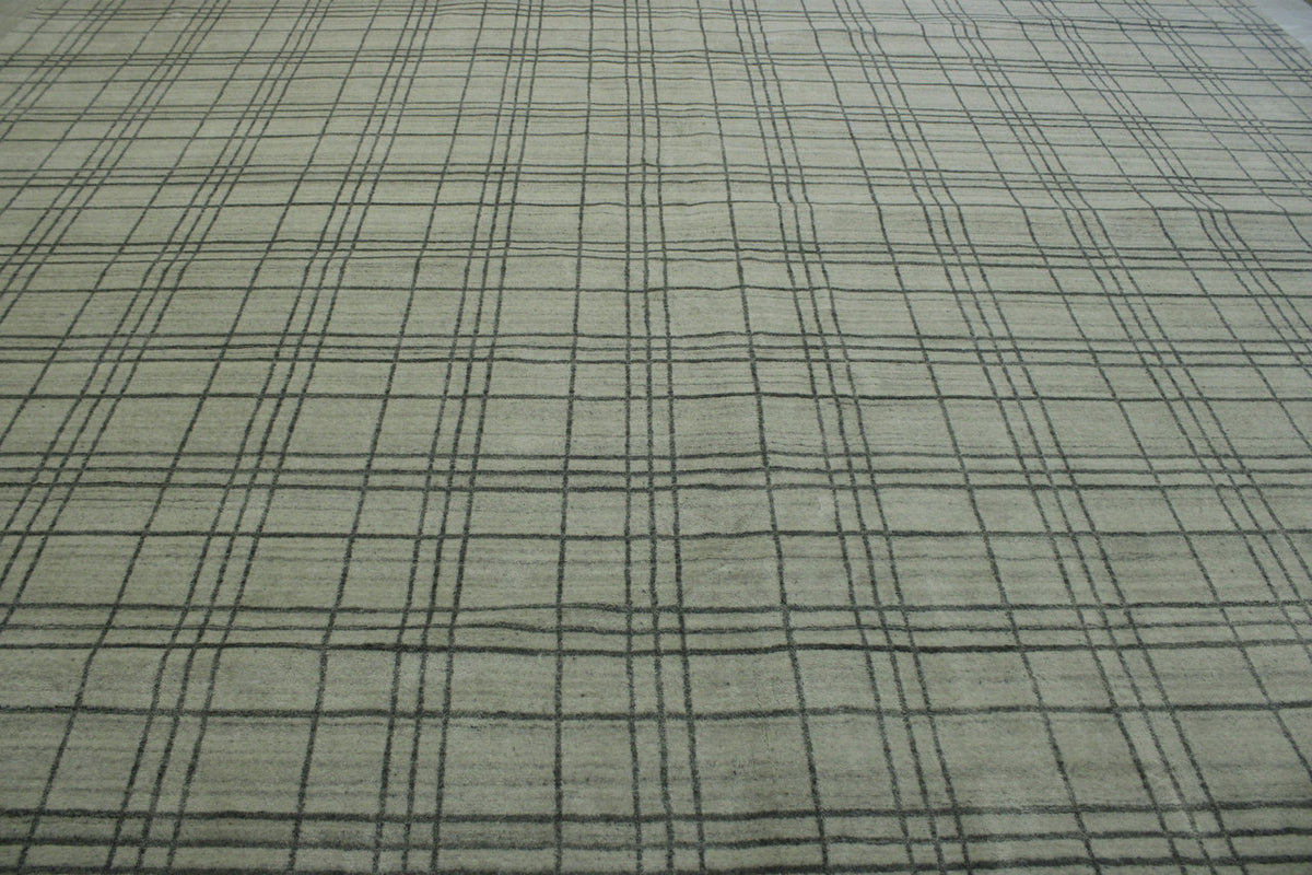 Modern Small Block Design hand-knotted wool rug in Beige, full view