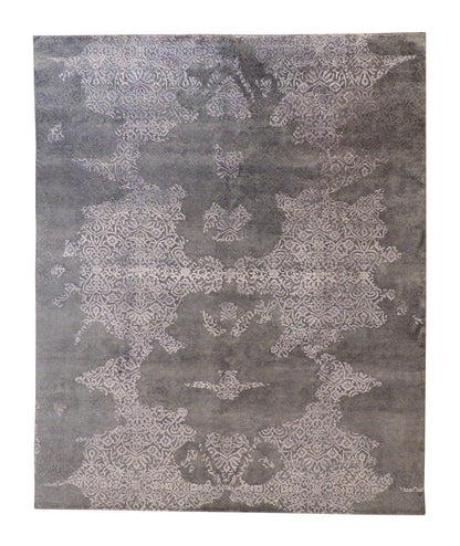 Modern Abstract Broken Design hand-knotted wool-silk rug in Gray & Silver, full view