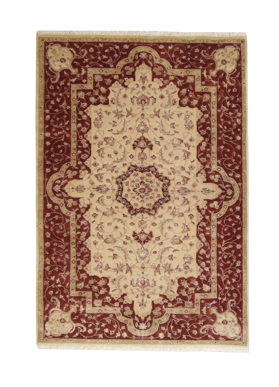 Traditional Jaipur Tabriz Design hand-knotted wool-silk rug in Beige, full view