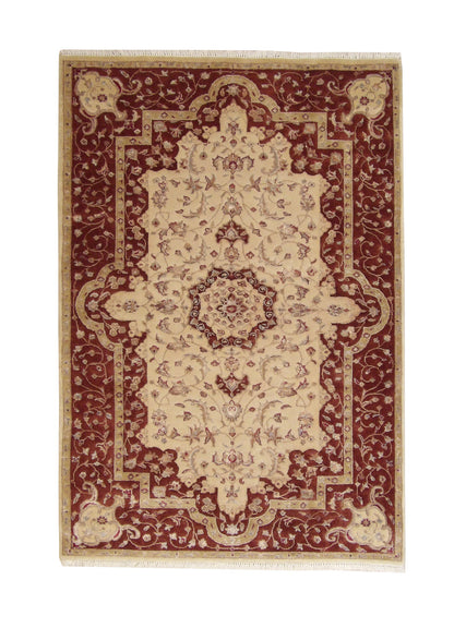 Traditional Jaipur Tabriz Design hand-knotted wool-silk rug in Beige, full view