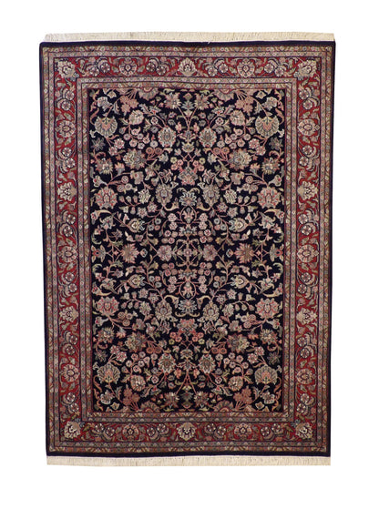 Traditional Mahal Design hand-knotted wool rug in Blue & Red, full view