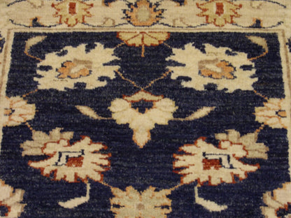 Wool texture close-up, blue and beige Oushak runner