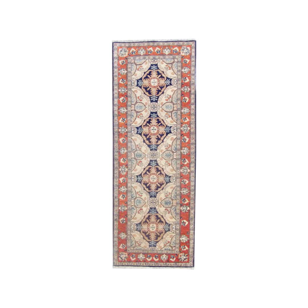 Tribal Super Kazak hand-knotted wool runner in blue and rust, full view