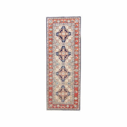 Tribal Super Kazak hand-knotted wool runner in blue and rust, full view
