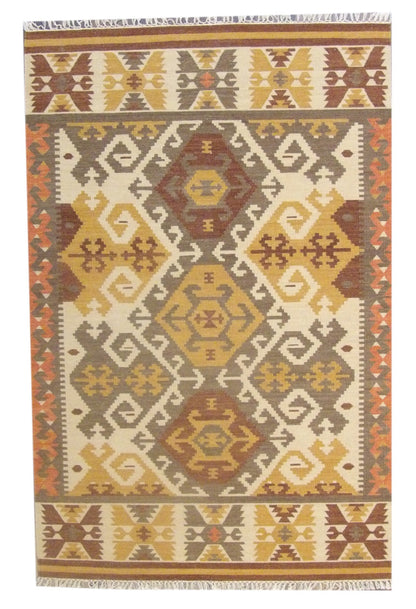 Tribal kilim southwestern hand-knotted wool rug in ivory and rust, full view