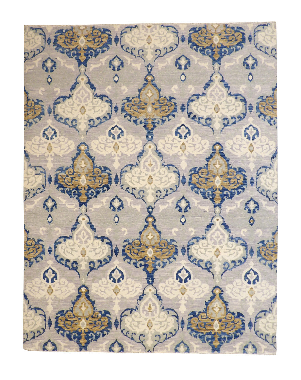 Tribal Ikat Design hand-knotted wool rug in Blue & Gray, full view