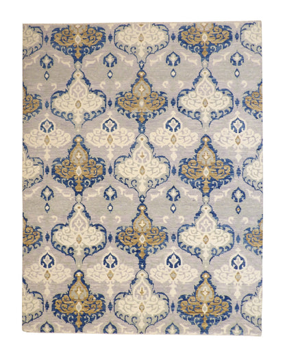 Tribal Ikat Design hand-knotted wool rug in Blue & Gray, full view