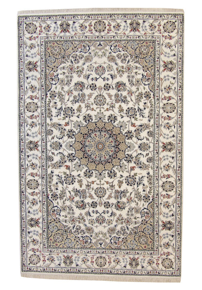 Traditional Fine Nain hand-knotted wool-silk rug in Beige, full view