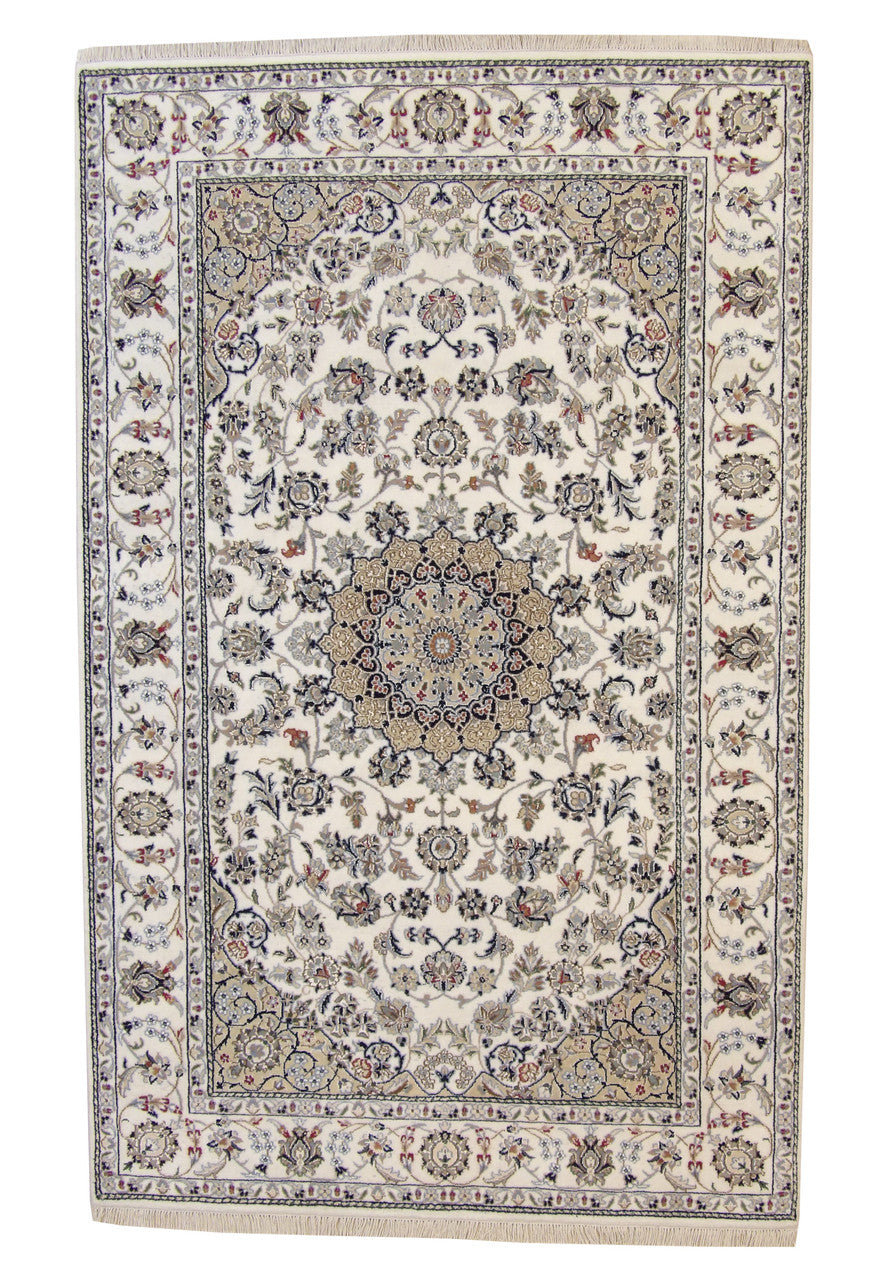 Traditional Fine Nain hand-knotted wool-silk rug in Beige, full view