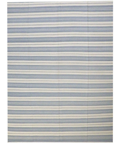 Coastal Flat Weave Indoor/Outdoor Beach hand-knotted wool rug in Blue & Beige, full view