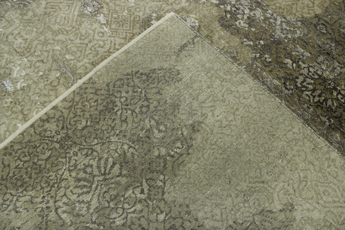 Transitional Abstract Broken Design hand-knotted wool-silk rug in Gray & Green, full view
