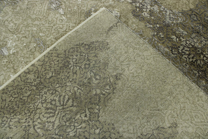 Transitional Abstract Broken Design hand-knotted wool-silk rug in Gray & Green, full view
