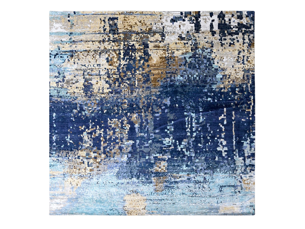 Modern / Contemporary hand-knotted wool/silk rug in Blue, 9'9" x 9'10", SKU O010005