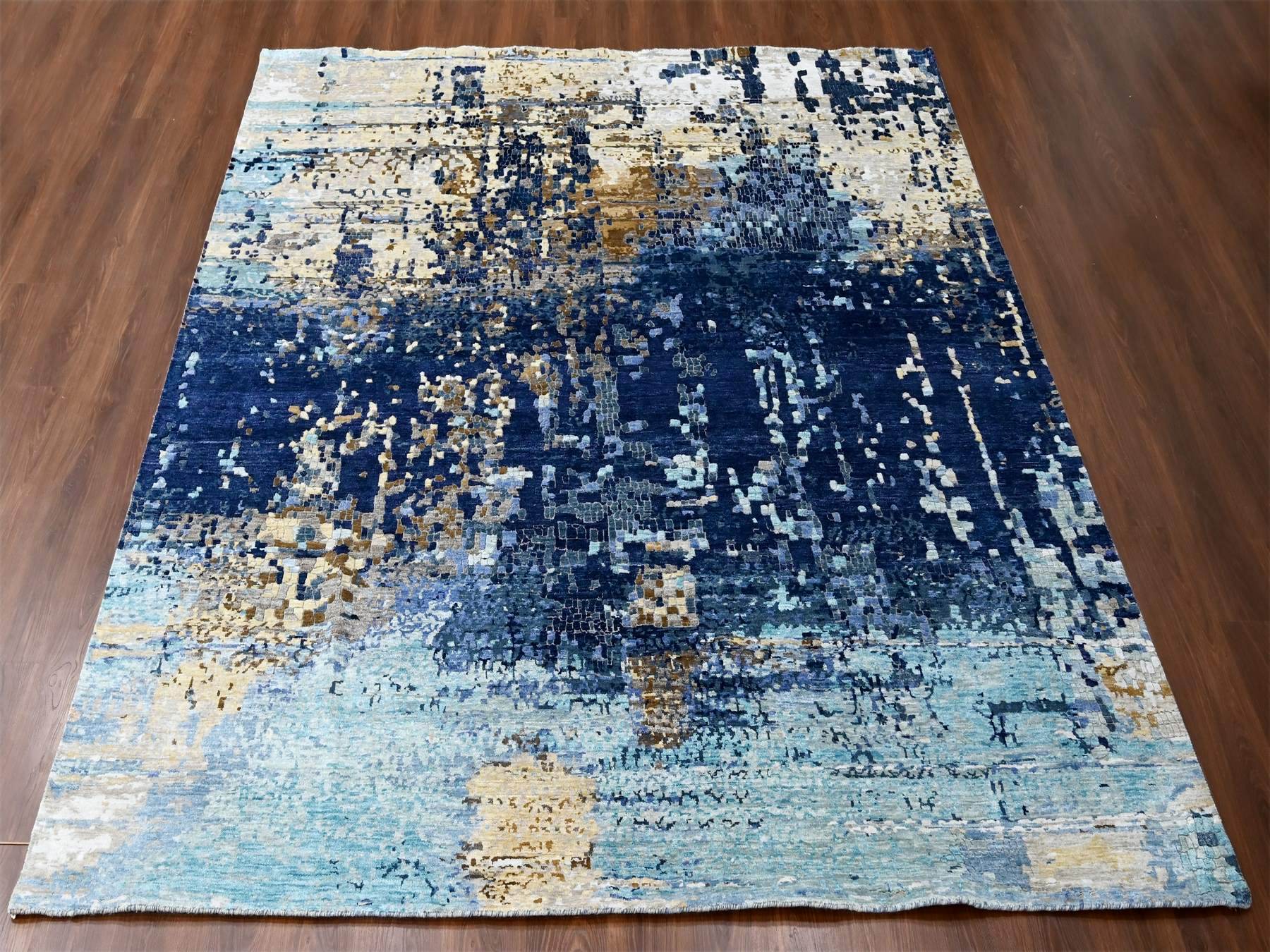 Modern / Contemporary hand-knotted wool/silk rug in Blue, 9'9" x 9'10", SKU O010005
