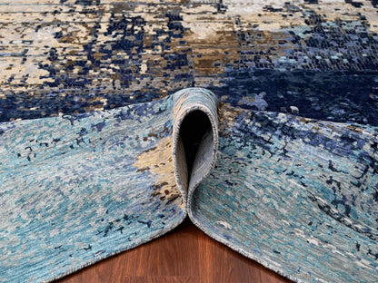 Modern / Contemporary hand-knotted wool/silk rug in Blue, 9'9" x 9'10", SKU O010005