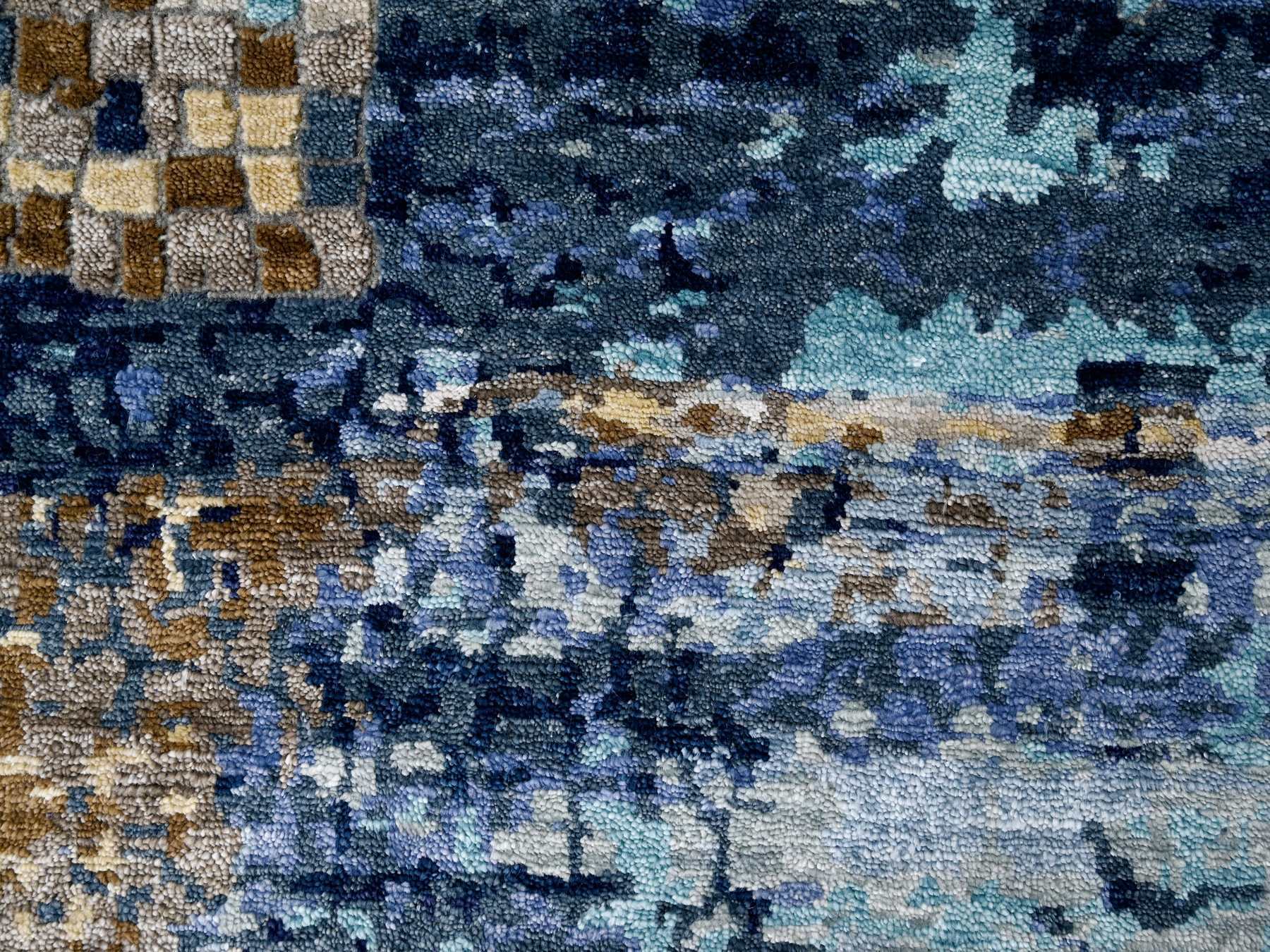 Modern / Contemporary hand-knotted wool/silk rug in Blue, 9'9" x 9'10", SKU O010005