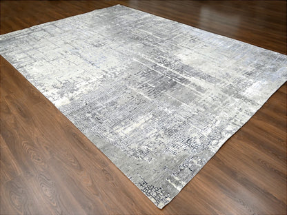 Grey 10'0" x 13'10" Modern / Contemporary Hand knotted Wool/Silk Rug - Sku: O010009