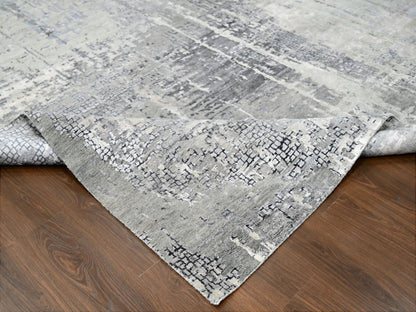 Grey 10'0" x 13'10" Modern / Contemporary Hand knotted Wool/Silk Rug - Sku: O010009