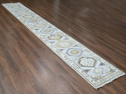 Grey 2'9" x 18'0" Tribal & Geometric Hand knotted Wool Rug - Sku: O010039
