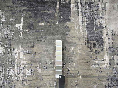 Grey 9'1" x 11'10" Modern / Contemporary Hand knotted Wool/Silk Rug - Sku: O010063