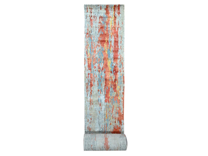 Orange 2'5" x 25'8" Modern / Contemporary Hand knotted Wool/Silk Rug - Sku: O010064