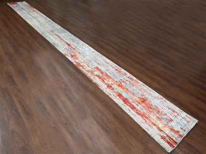 Orange 2'5" x 25'8" Modern / Contemporary Hand knotted Wool/Silk Rug - Sku: O010064