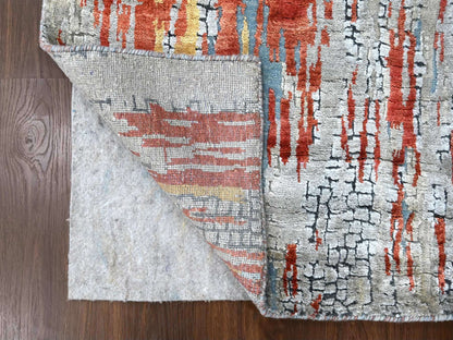 Orange 2'5" x 25'8" Modern / Contemporary Hand knotted Wool/Silk Rug - Sku: O010064