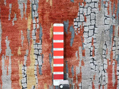 Orange 2'5" x 25'8" Modern / Contemporary Hand knotted Wool/Silk Rug - Sku: O010064