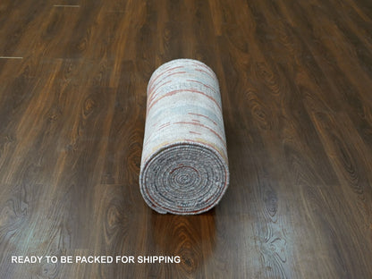 Orange 2'5" x 25'8" Modern / Contemporary Hand knotted Wool/Silk Rug - Sku: O010064