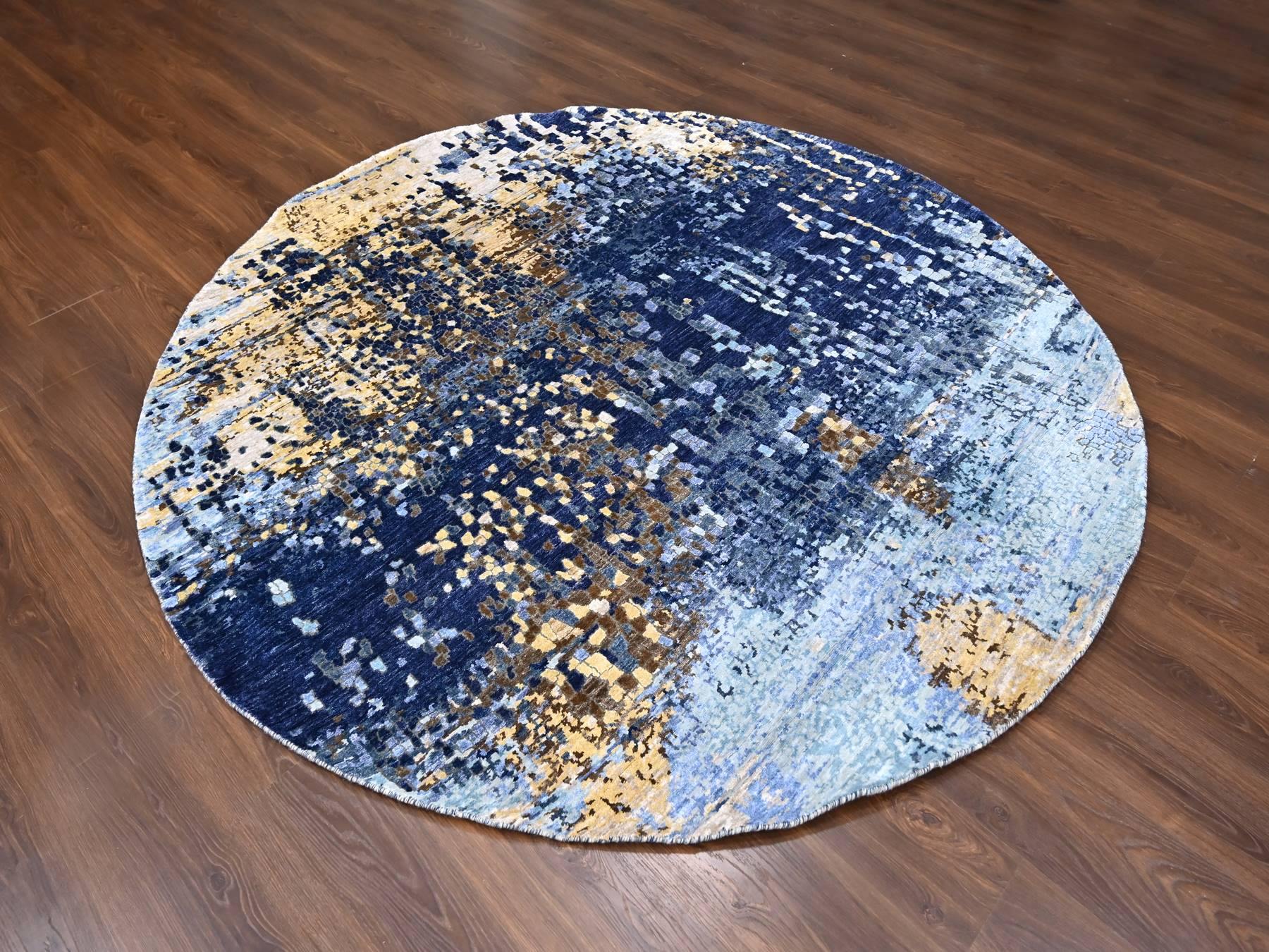 Modern / Contemporary hand-knotted wool/silk rug in Blue, 7'9" x 7'9", SKU O010100