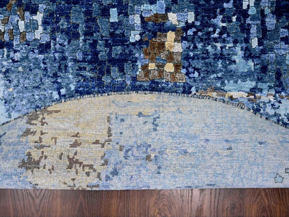 Modern / Contemporary hand-knotted wool/silk rug in Blue, 7'9" x 7'9", SKU O010100