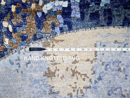 Modern / Contemporary hand-knotted wool/silk rug in Blue, 7'9" x 7'9", SKU O010100
