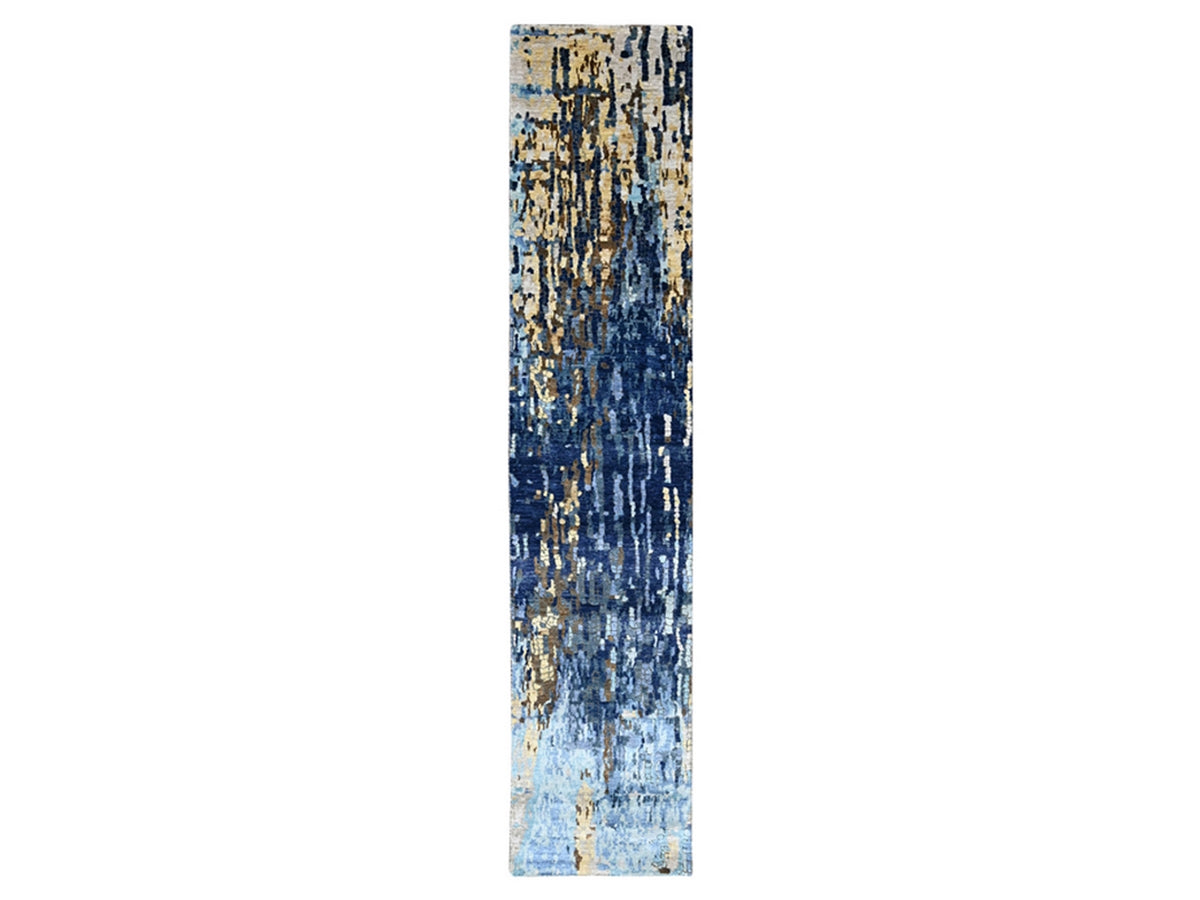 Modern / Contemporary hand-knotted wool/silk runner in Blue, 2'6" x 12'0", SKU O010101