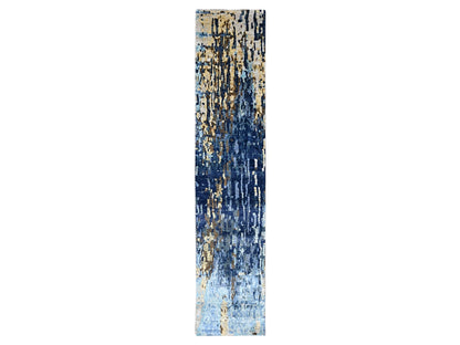 Blue 2'6" x 12'0" Modern and Contemporary Hand knotted Wool/Silk Rug - Sku: O010101