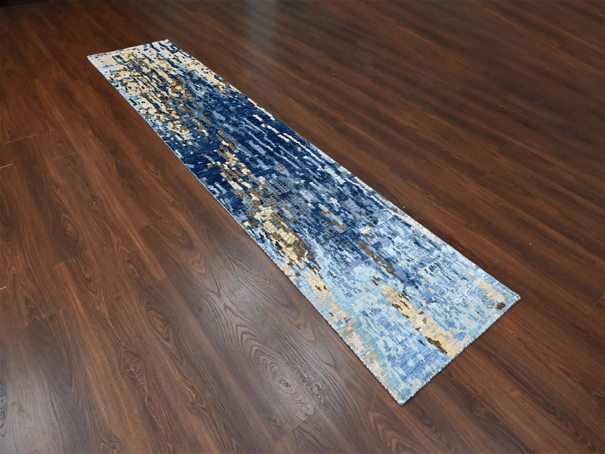 Modern / Contemporary hand-knotted wool/silk runner in Blue, 2'6" x 12'0", SKU O010101