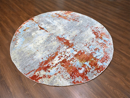 Orange 7'11" x 7'11" Modern / Contemporary Hand knotted Wool/Silk Rug - Sku: O010105