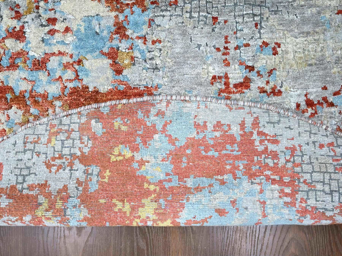 Modern / Contemporary hand-knotted wool/silk rug in Orange, 7'11" x 7'11", SKU O010105