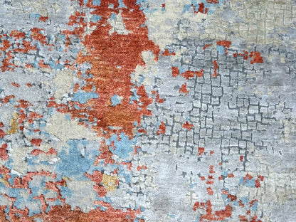 Orange 7'11" x 7'11" Modern / Contemporary Hand knotted Wool/Silk Rug - Sku: O010105