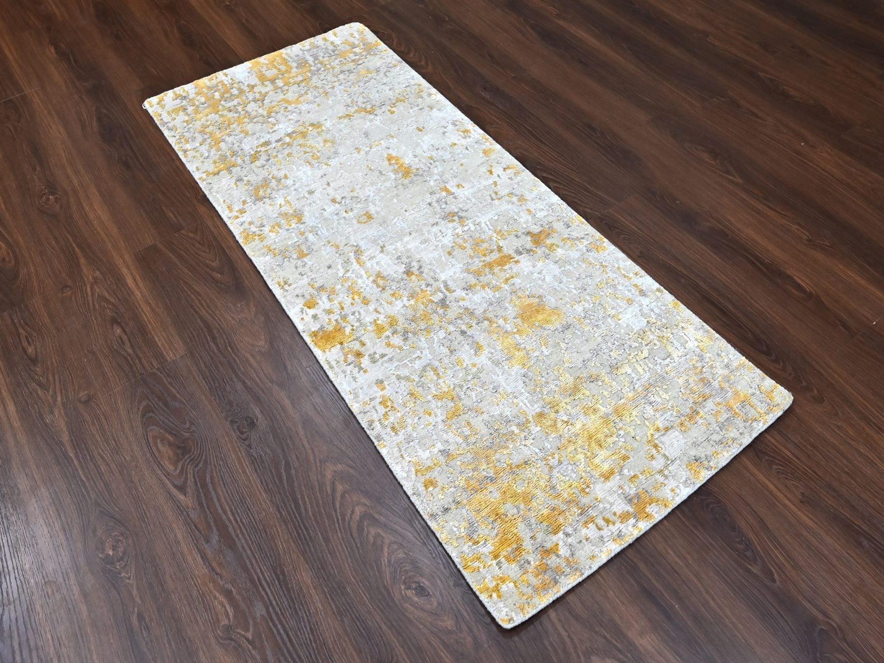 Modern / Contemporary hand-knotted wool/silk runner in Beige, 2'6" x 6'0", SKU O010116