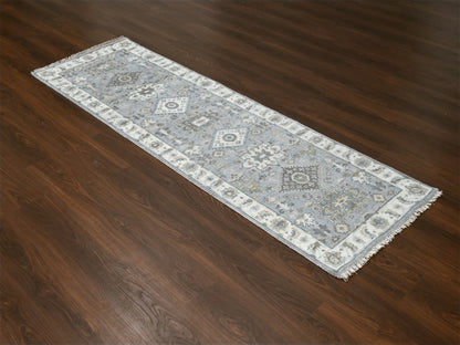 Tribal Heriz hand-knotted wool runner in Gray & Ivory, 2'7" x 8' — SKU O010185 (view 2)