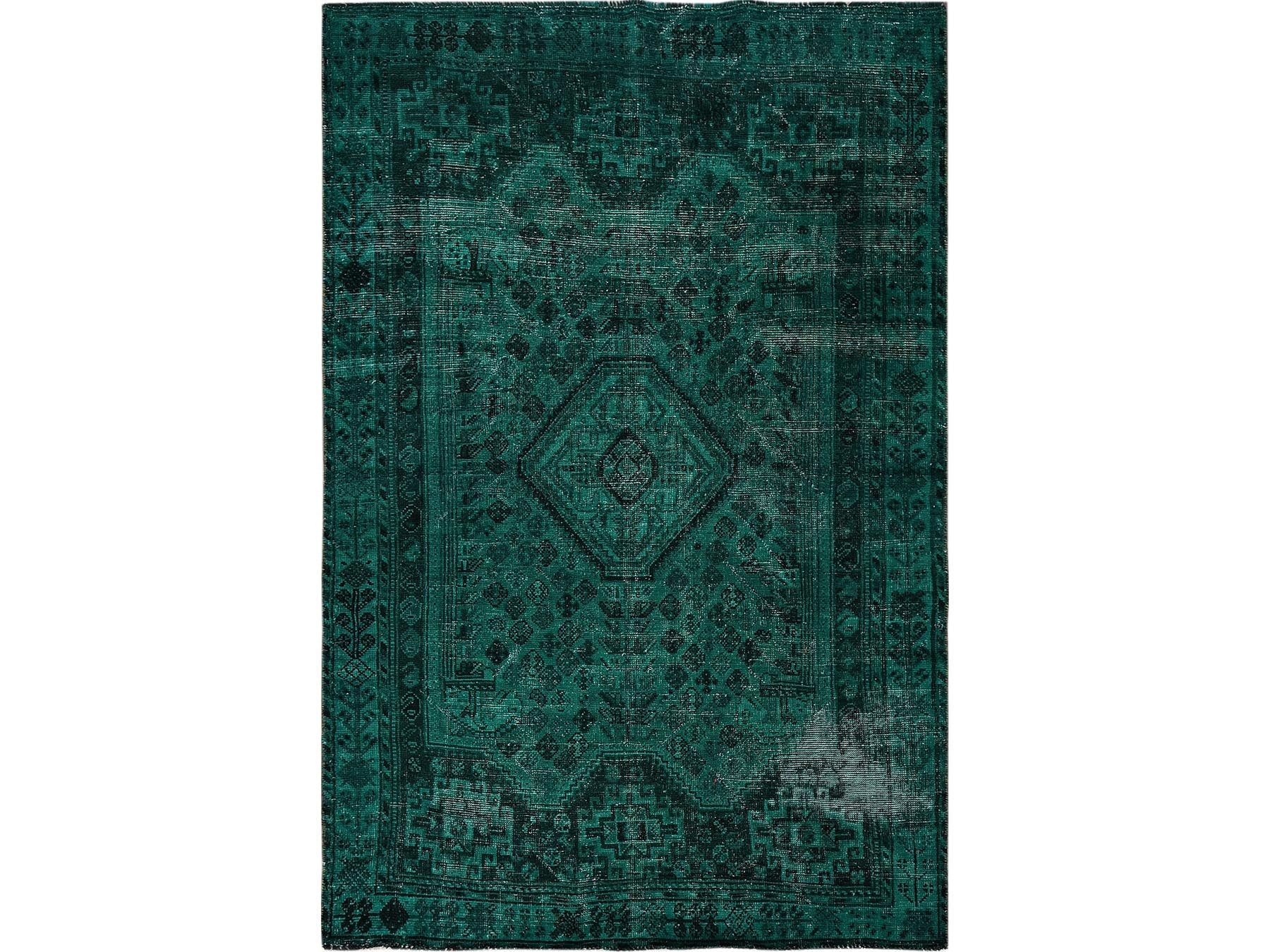 Shiraz Vintage hand-knotted wool rug in Overdyed & Green, 5'1" x 7'10" — SKU O01018