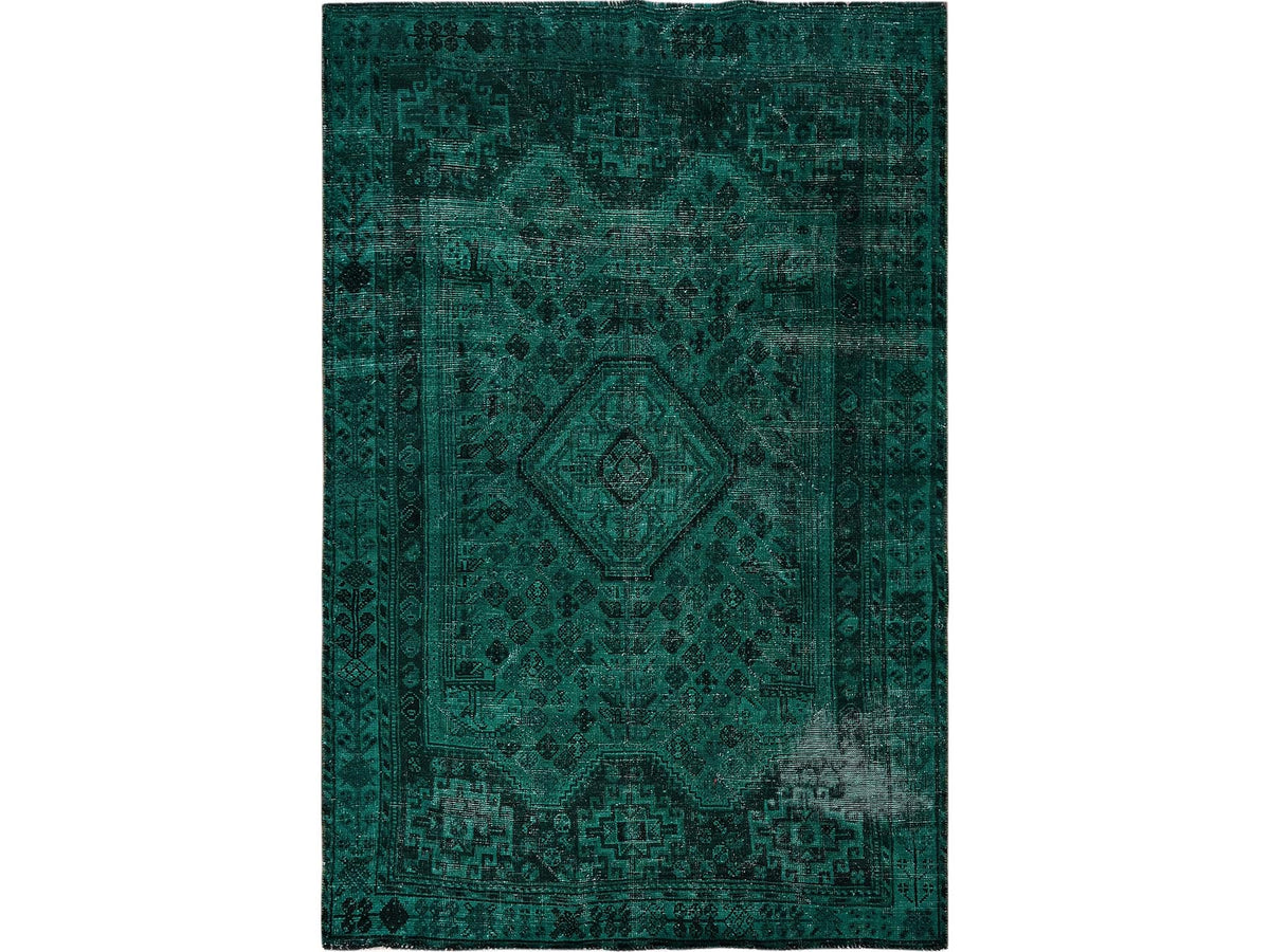 Shiraz Vintage hand-knotted wool rug in Overdyed & Green, 5'1" x 7'10" — SKU O01018