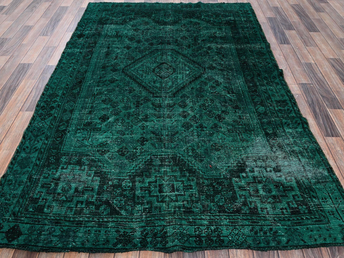 Shiraz Vintage hand-knotted wool rug in Overdyed & Green, 5'1" x 7'10" — SKU O01018 (view 2)